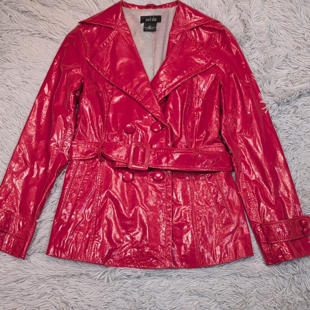 Mark Alan Jacket Womens‎ S Red Leather Pea Coat Belt Pockets Button Up Preppy
